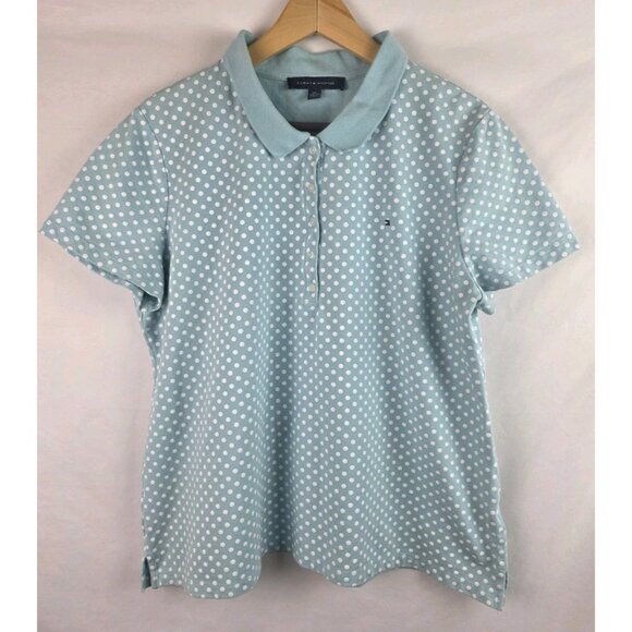 Tommy Hilfiger Womens Polo Golf Shirt Size XXL Light Blue Polka Dot Short Sleeve - Picture 1 of 10